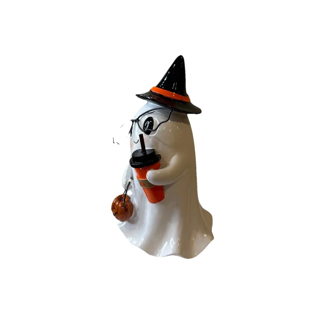 Halloween Super Cute Nerd Ghost Figurine With Pumpkin Latte, Glasses 7